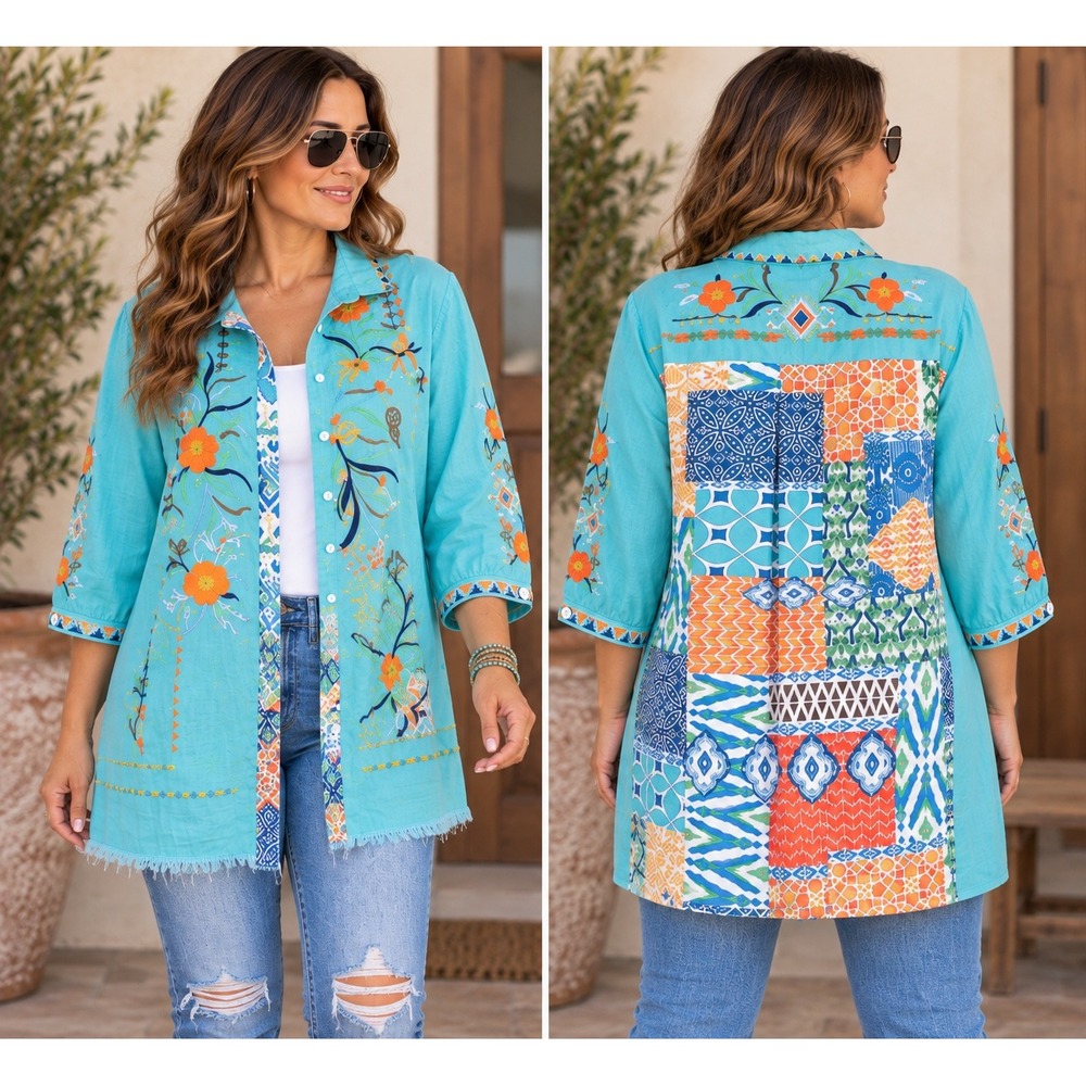 John Mark Embroidered Linen Blend Patchwork Button Down Shirt XL Turquoise Blue